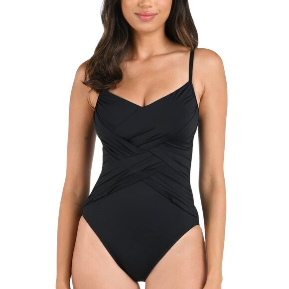 NWT La Blanca Island Goddess Draped Front Lingerie One Piece in Black Size 8 - Picture 1 of 7